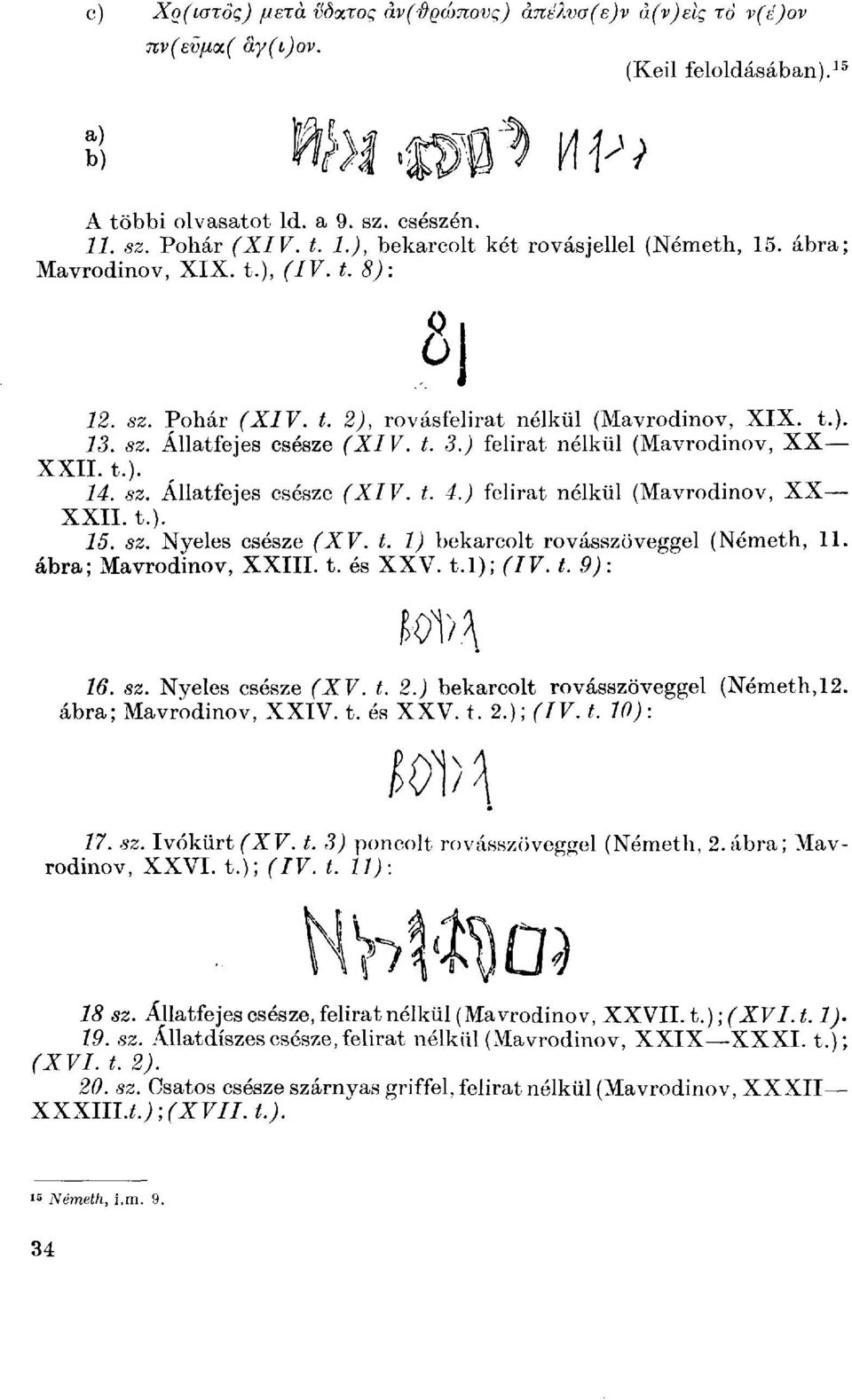 ) felirat nélkül (Mavrodinov, XX XXII. t.). 15. sz. Nyeles csésze (XV. t. 1) bekarcolt rovásszöveggel (Németh, 11. ábra; Mavrodinov, XXIII. t. és XXV. t.l); (IV. t. 9): 1Щ 16. sz. Nyeles csésze (XV. t. 2.
