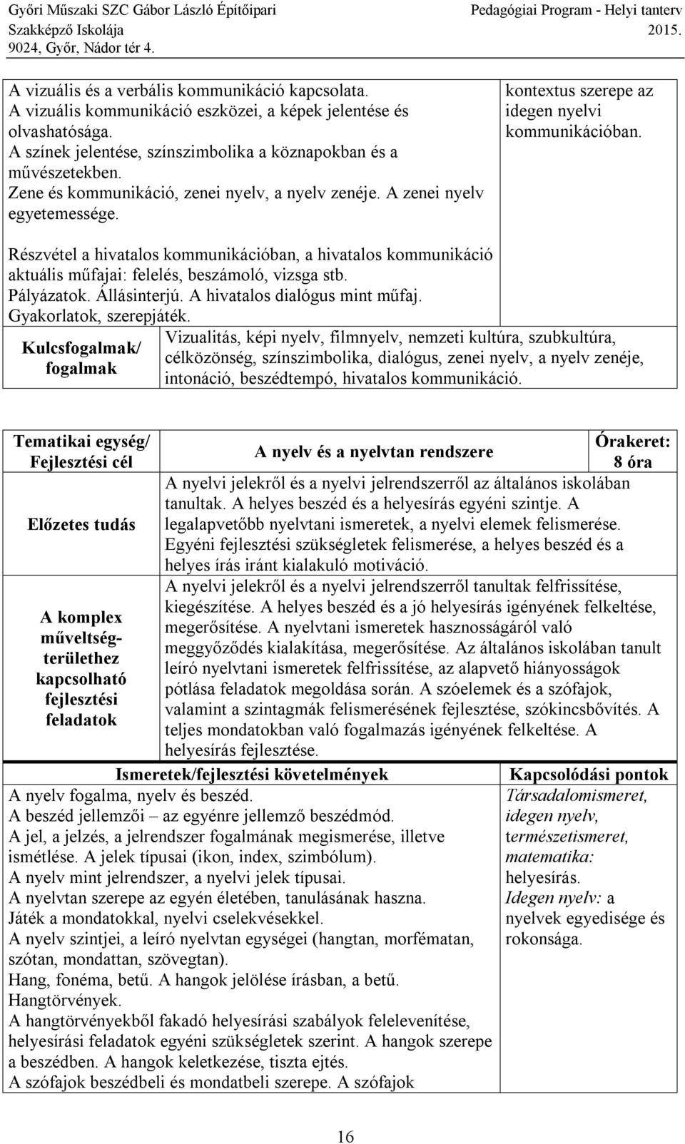 Részvétel a hivatalos kommunikációban, a hivatalos kommunikáció aktuális műfajai: felelés, beszámoló, vizsga stb. Pályázatok. Állásinterjú. A hivatalos dialógus mint műfaj. Gyakorlatok, szerepjáték.