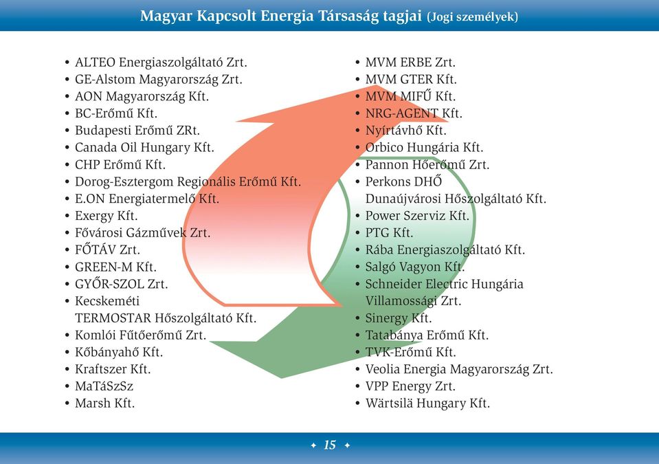 Komlói Fűtőerőmű Zrt. Kőbányahő Kft. Kraftszer Kft. MaTáSzSz Marsh Kft. MVM ERBE Zrt. MVM GTER Kft. MVM MIFŰ Kft. NRG-AGENT Kft. Nyírtávhő Kft. Orbico Hungária Kft. Pannon Hőerőmű Zrt.