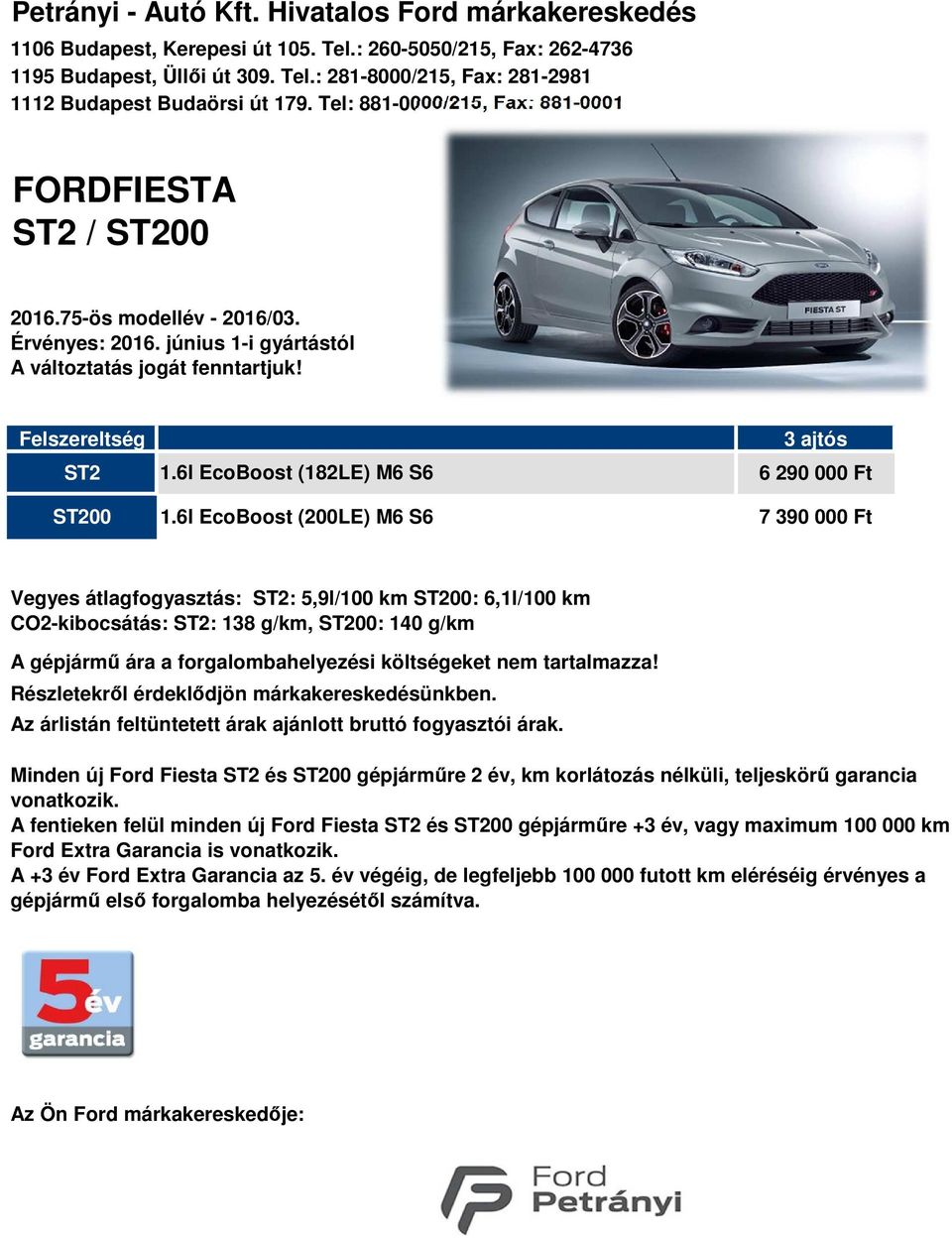 6l EcoBoost (200LE) M6 S6 7 390 000 Ft Vegyes átlagfogyasztás: ST2: 5,9l/100 km ST200: 6,1l/100 km CO2-kibocsátás: ST2: 138 g/km, ST200: 140 g/km A gépjármű ára a forgalombahelyezési költségeket nem
