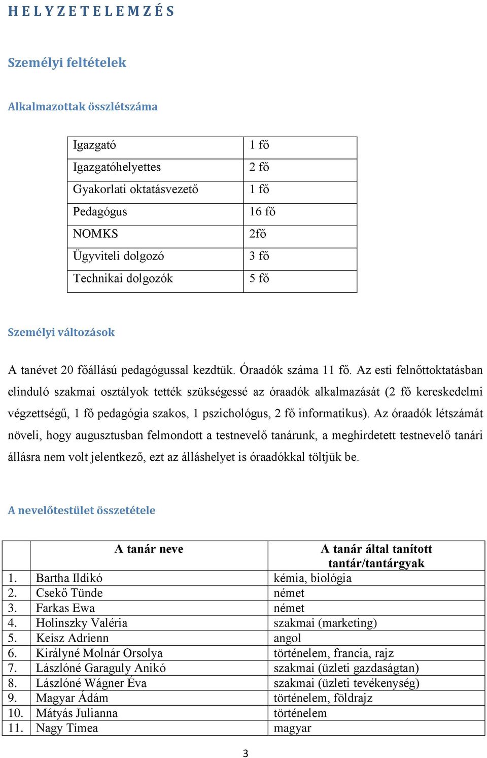 Az esti felnőttoktatásban elinduló szakmai osztályok tették szükségessé az óraadók alkalmazását (2 fő kereskedelmi végzettségű, 1 fő pedagógia szakos, 1 pszichológus, 2 fő informatikus).