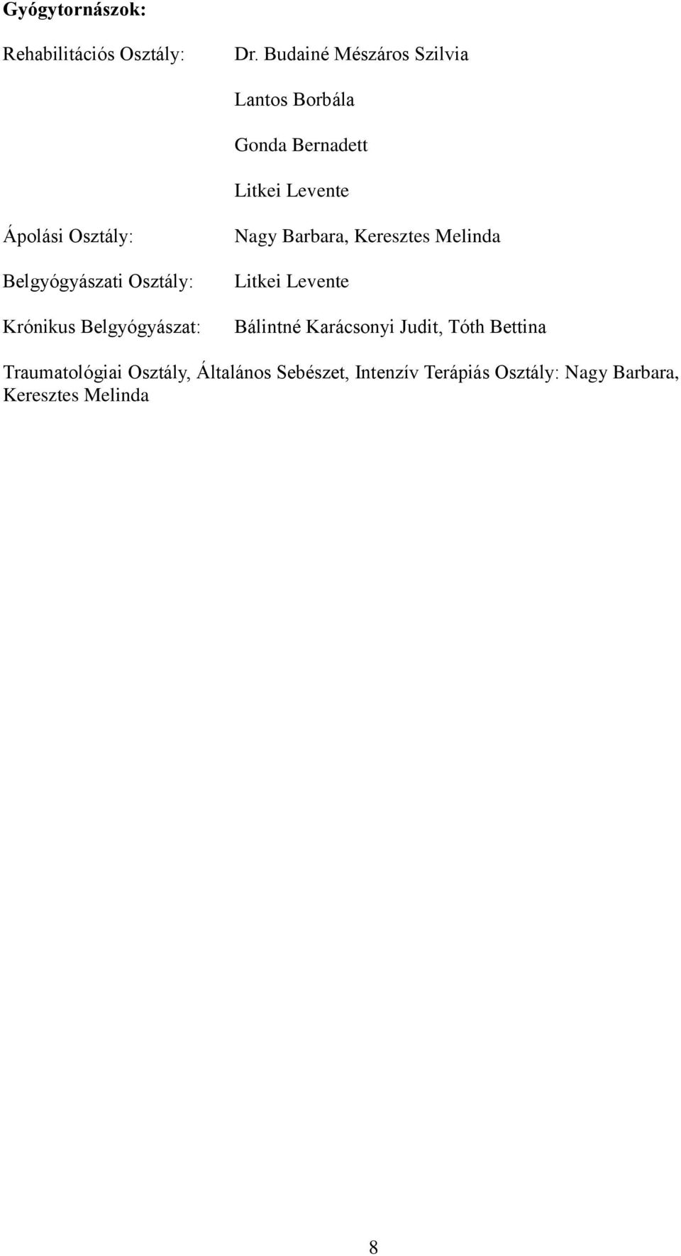 Belgyógyászati Osztály: Krónikus Belgyógyászat: Nagy Barbara, Keresztes Melinda Litkei