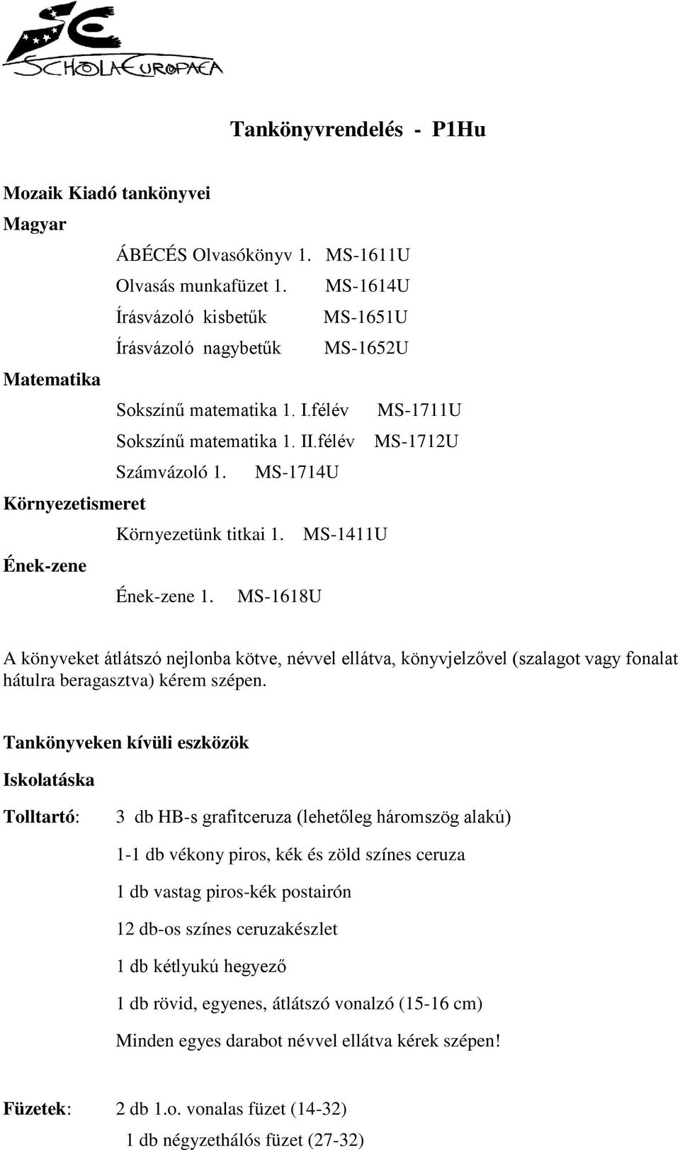 MS-1714U Környezetismeret Környezetünk titkai 1. MS-1411U Ének-zene Ének-zene 1.