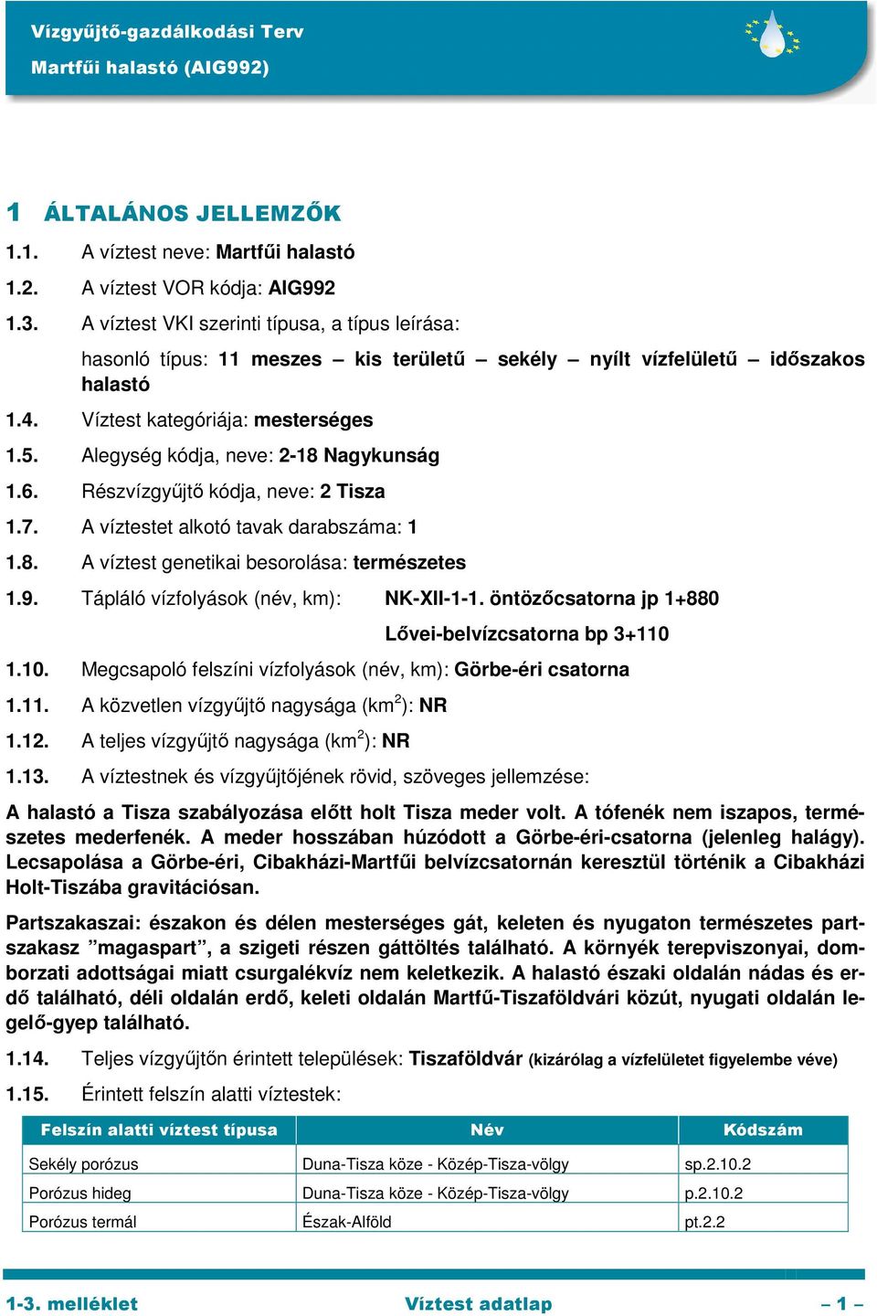 Alegység kódja, neve: 2-18 Nagykunság 1.6. Részvízgyűjtő kódja, neve: 2 Tisza 1.7. A víztestet alkotó tavak darabszáma: 1 1.8. A víztest genetikai besorolása: természetes 1.9.