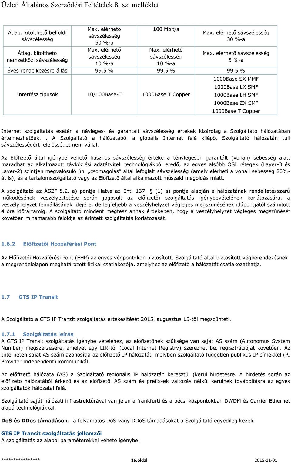 elérhető sávszélesség 5 %-a Éves rendelkezésre állás 99,5 % 99,5 % 99,5 % Interfész típusok /Base-T Base T Copper Base SX MMF Base LX SMF Base LH SMF Base ZX SMF Base T Copper Internet szolgáltatás