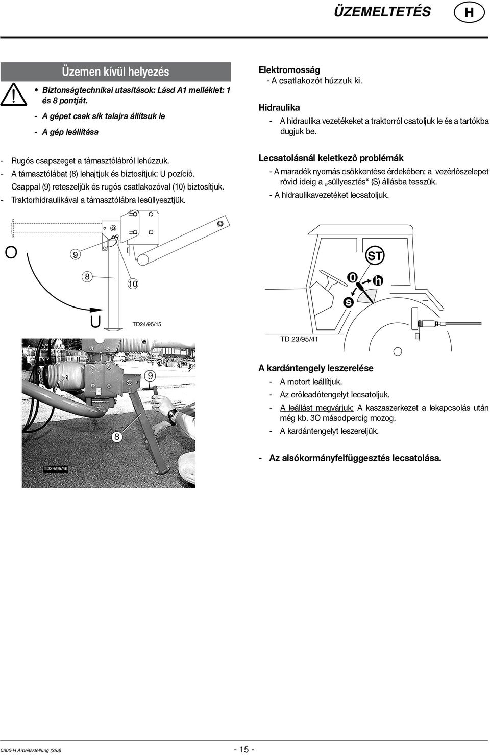 Csappal (9) reteszeljük és rugós csatlakozóval (10) biztosítjuk. - Traktorhidraulikával a támasztólábra lesüllyesztjük.