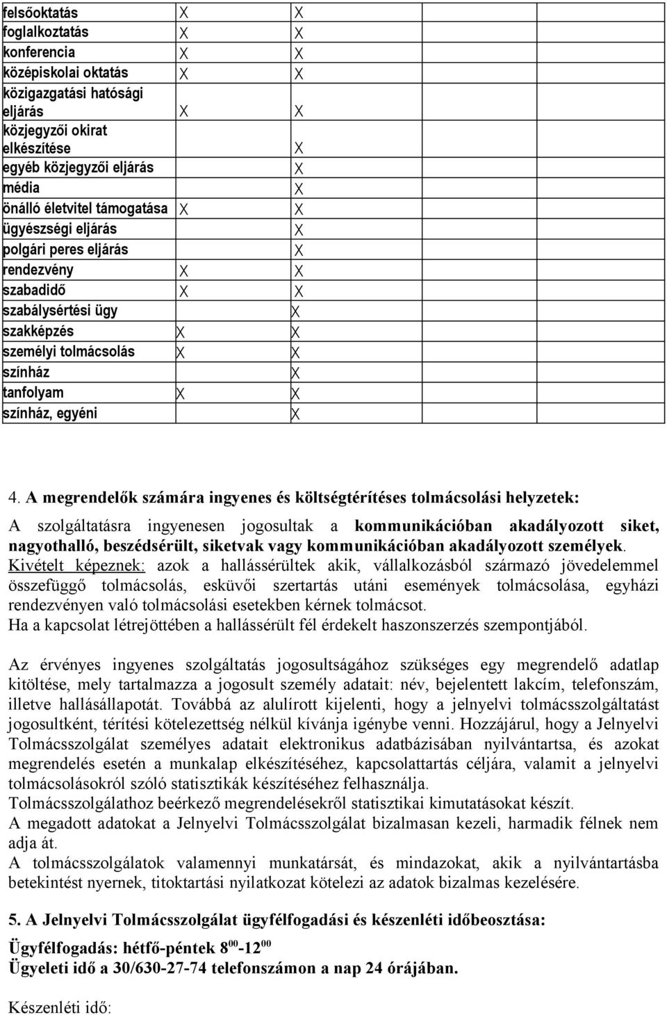 A megrendelők számára ingyenes és költségtérítéses tolmácsolási helyzetek: A szolgáltatásra ingyenesen jogosultak a kommunikációban akadályozott siket, nagyothalló, beszédsérült, siketvak vagy