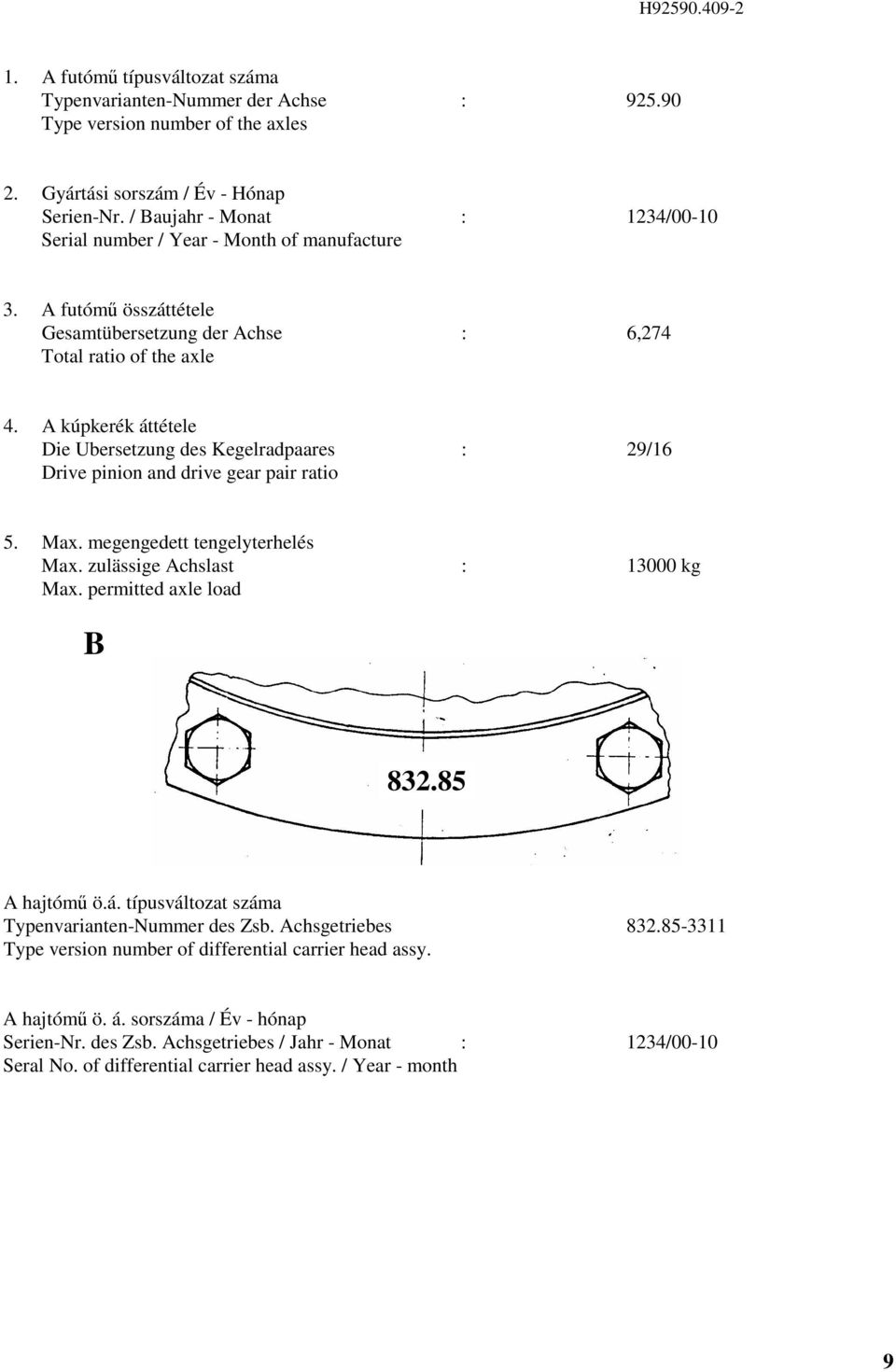 A kúpkerék áttétele Die Ubersetzung des Kegelradpaares : 9/ Drive pinion and drive gear pair ratio 5. Max. megengedett tengelyterhelés Max. zulässige Achslast : 3000 kg Max. permitted axle load B 83.