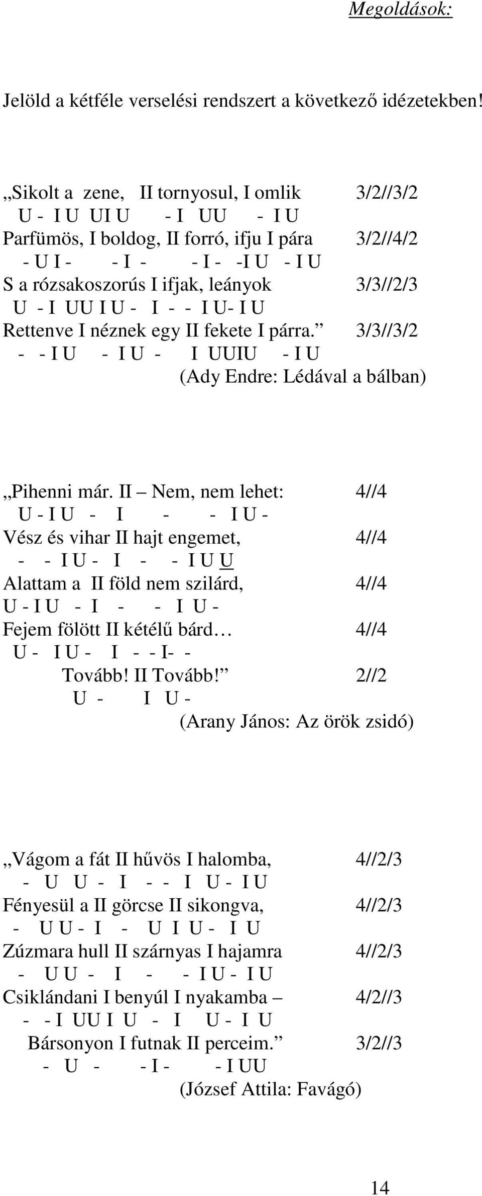 - I UU I U - I - - I U- I U Rettenve I néznek egy II fekete I párra. 3/3//3/2 - - I U - I U - I UUIU - I U (Ady Endre: Lédával a bálban) Pihenni már.