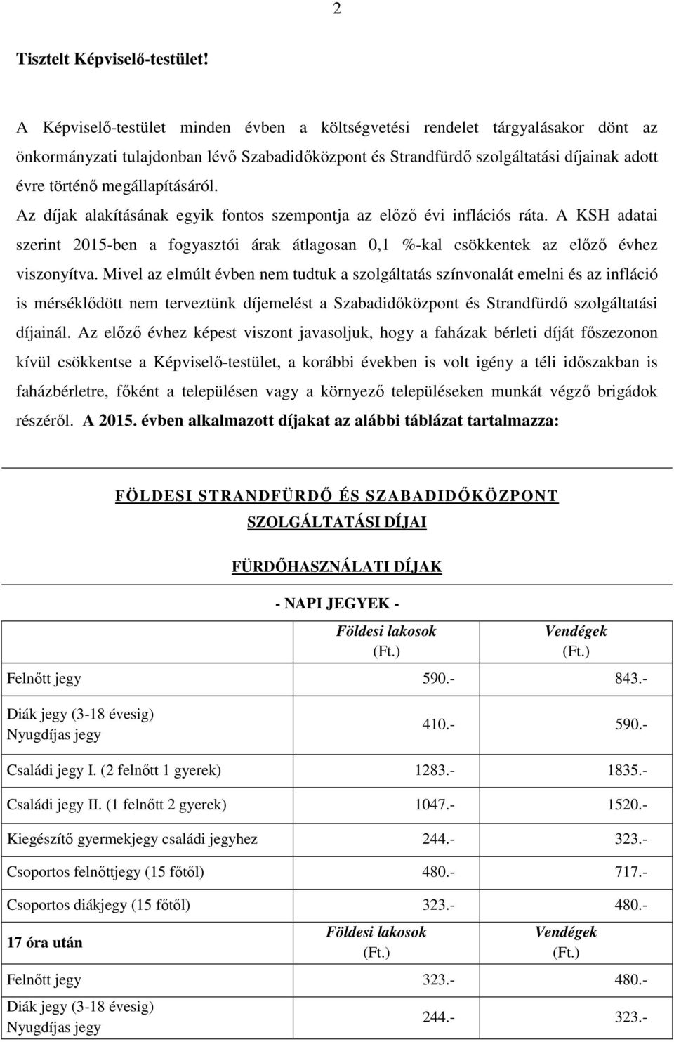 megállapításáról. Az díjak alakításának egyik fontos szempontja az előző évi inflációs ráta. A KSH adatai szerint 2015-ben a fogyasztói árak átlagosan 0,1 %-kal csökkentek az előző évhez viszonyítva.