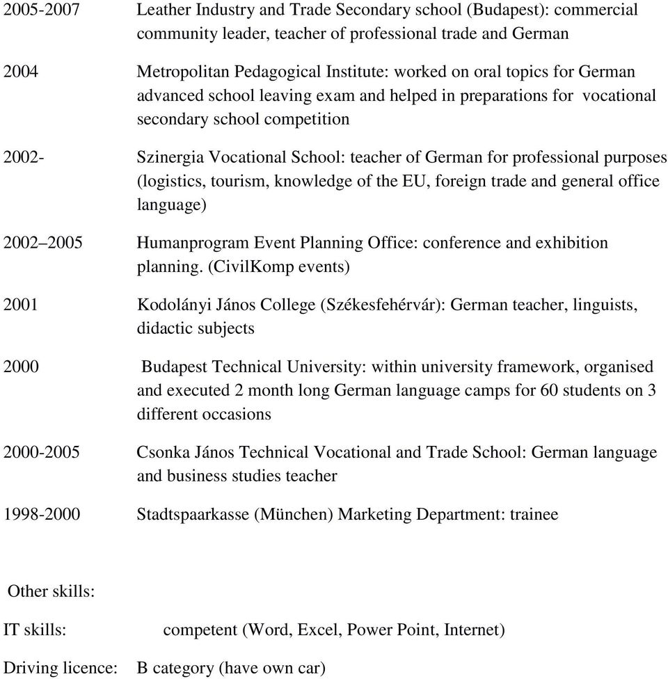 (logistics, tourism, knowledge of the EU, foreign trade and general office language) 2002 2005 Humanprogram Event Planning Office: conference and exhibition planning.