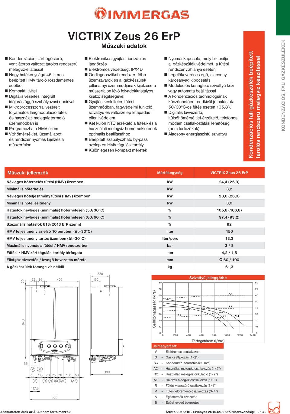 Vízhőmérséklet, üzemállapot és rendszer nyomás kijelzés a műszerfalon VICTRIX Zeus 26 ErP Műszaki adatok n Elektronikus gyújtás, ionizációs lángőrzés n Elektromos védettség: IPX4D n Öndiagnosztikai