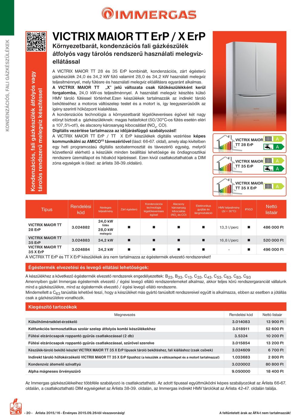 teljesítménnyel, mely fűtésre és használati melegvíz előállításra egyaránt alkalmas. VICTRIX MIOR TT X jelű változata csak fűtőkészülékként kerül forgalomba, 24,0 kw-os teljesítménnyel.