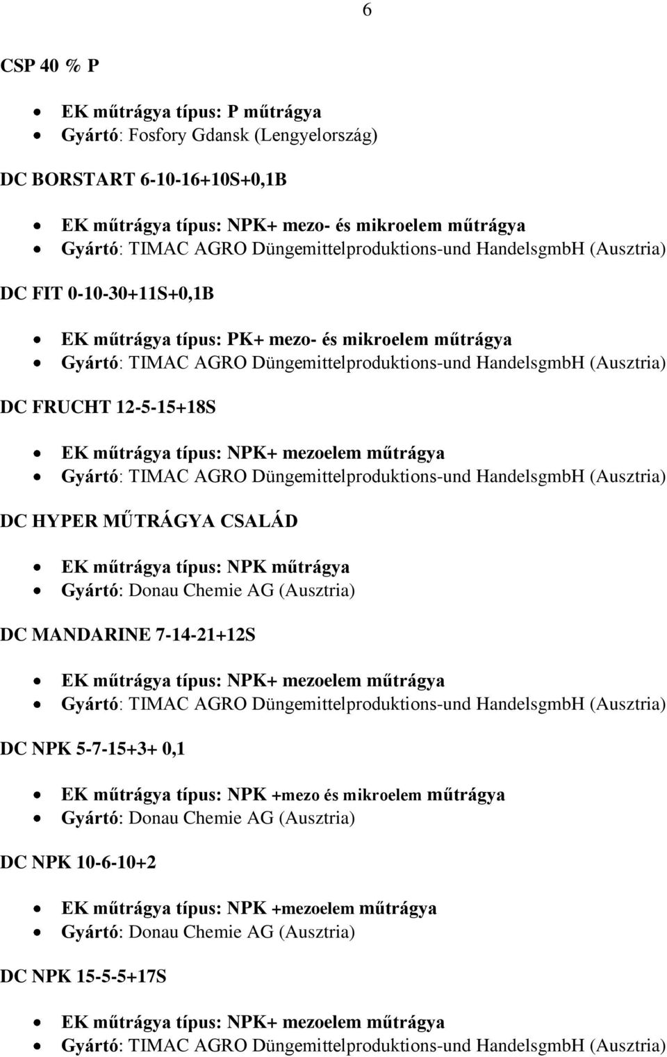 Chemie AG (Ausztria) DC MANDARINE 7-14-21+12S EK műtrágya típus: NPK+ mezoelem műtrágya DC NPK 5-7-15+3+ 0,1 EK műtrágya típus: NPK +mezo és mikroelem műtrágya Gyártó: