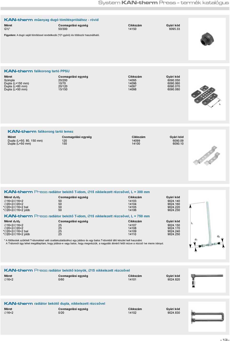 080 L KAN-therm falikorong tartó lemez Dupla (L=50, 80, 150 mm) 120 14099 6090.09 Dupla (L=50 mm) 150 14100 6090.