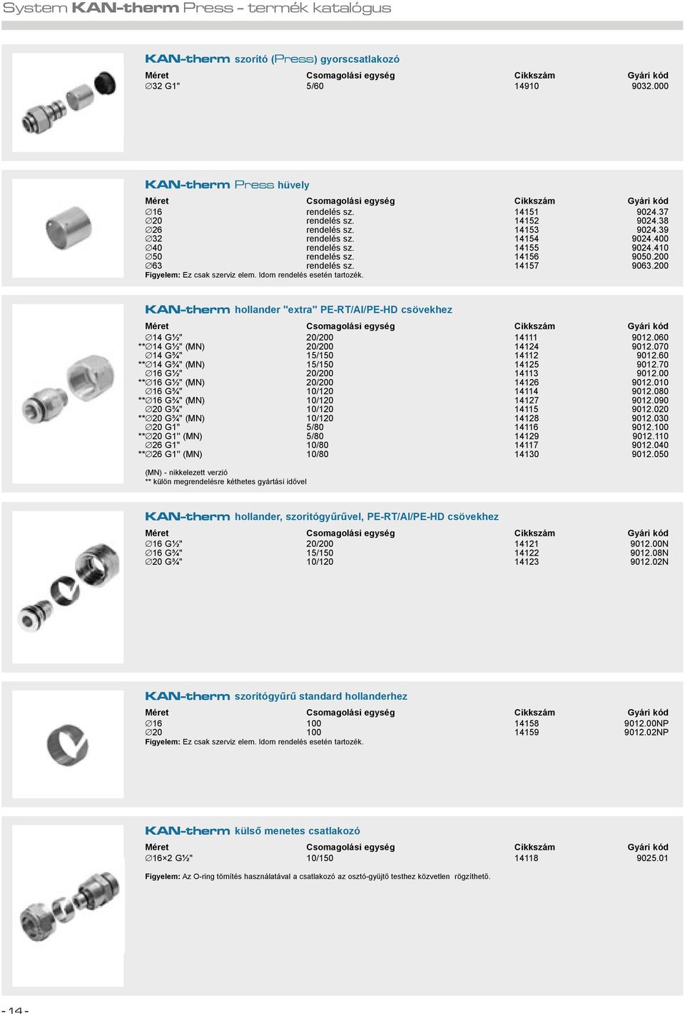 Idom rendelés esetén tartozék. KAN-therm hollander "extra" PE-RT/Al/PE-HD csövekhez 14 G " 20/200 14111 9012.060 ** 14 G " (MN) 20/200 14124 9012.070 14 G " 15/150 14112 9012.