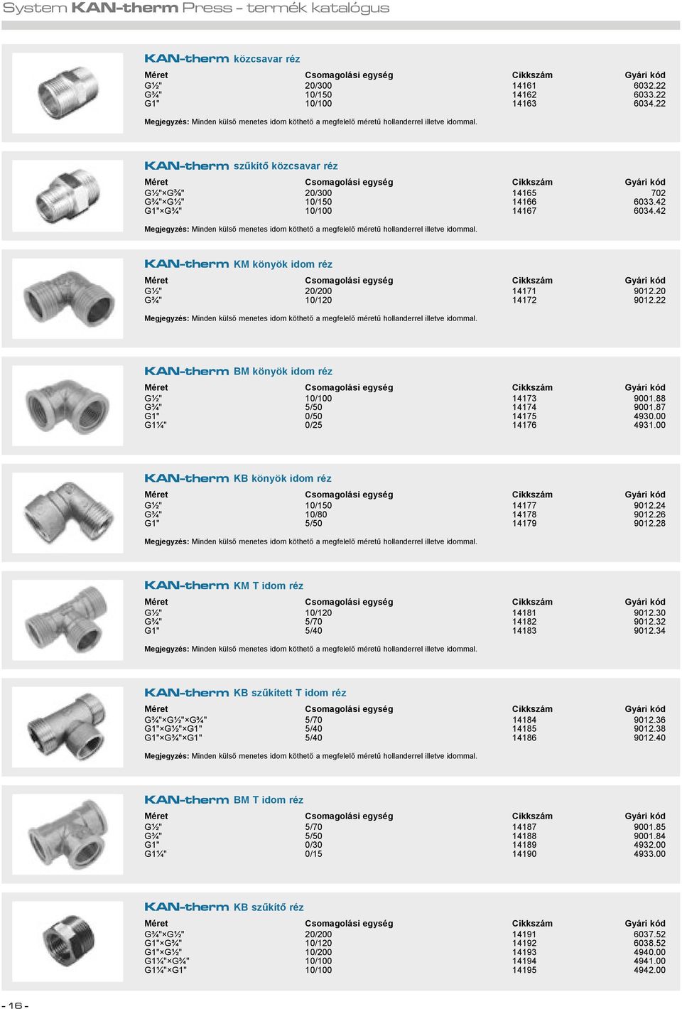 42 G1" G " 10/100 14167 6034.42 Megjegyzés: Minden külsõ menetes idom köthetõ a megfelelõ méretû hollanderrel illetve idommal. KAN-therm KM könyök idom réz G " 20/200 14171 9012.