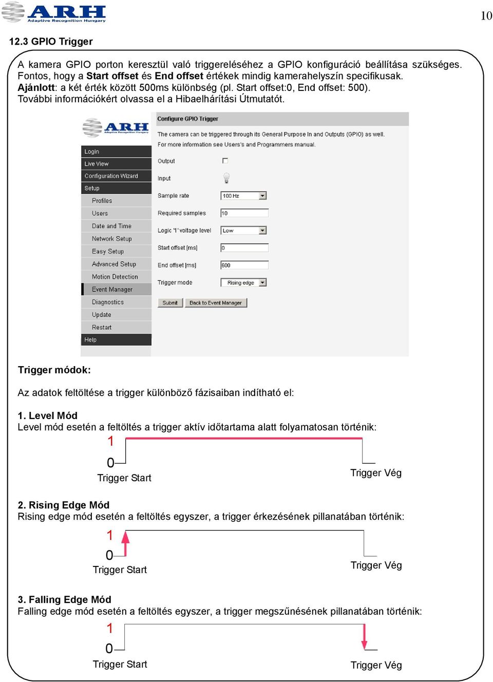 Trigger módok: Az adatok feltöltése a trigger különböző fázisaiban indítható el: 1.