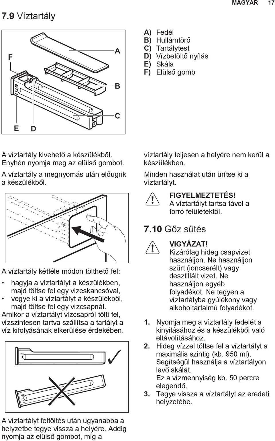 A víztartályt tartsa távol a forró felületektől. MAX 7.