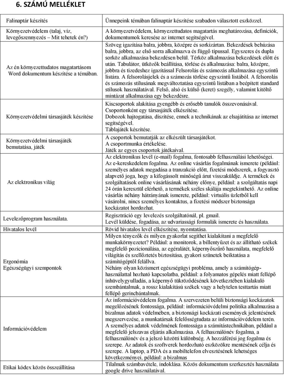 Hivatalos levél Ergonómia Egészségügyi szempontok Információvédelem Etikai kódex közös összeállítása Ünnepeink témában falinaptár készítése szabadon választott eszközzel.