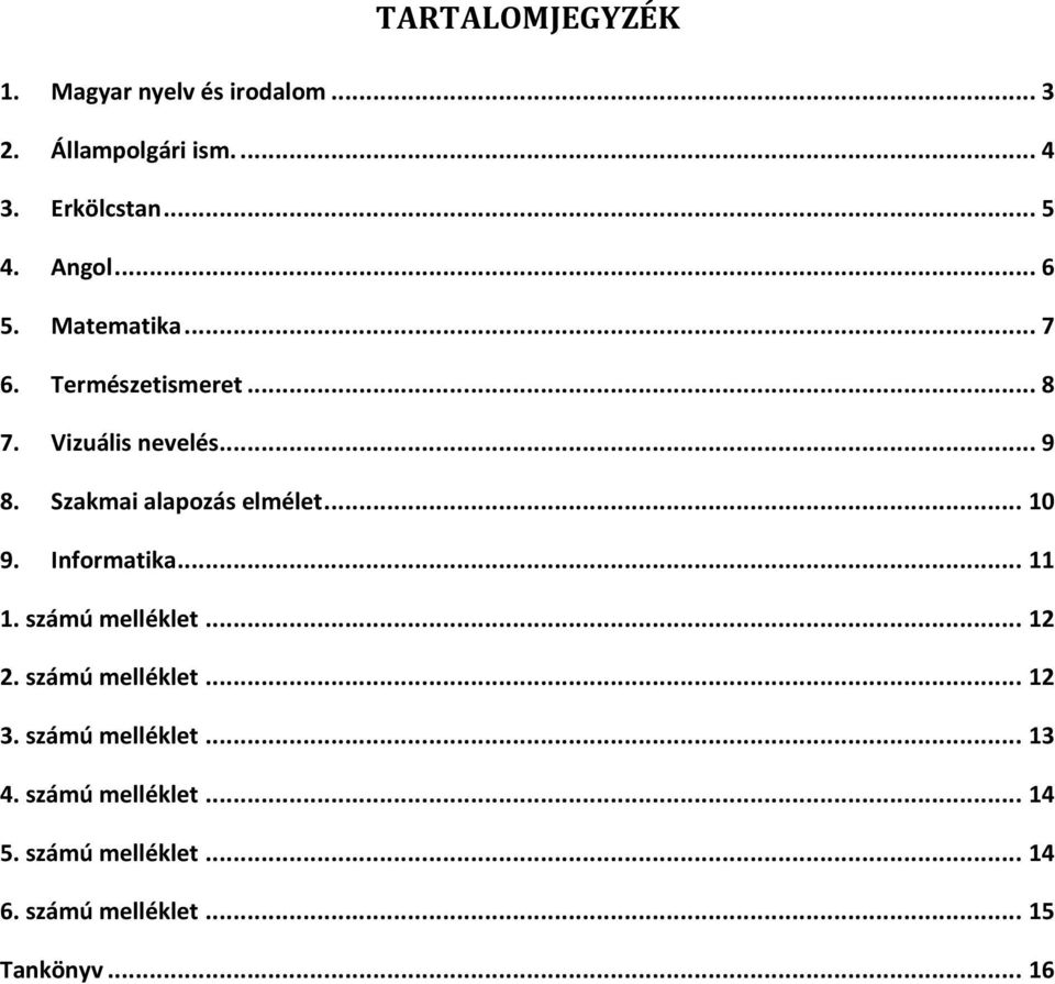 Szakmai alapozás elmélet... 10 9. Informatika... 11 1. számú melléklet... 12 2. számú melléklet... 12 3.