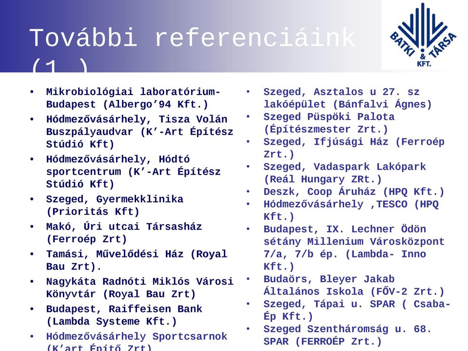 Társasház (Ferroép Zrt) Tamási, Művelődési Ház (Royal Bau Zrt). Nagykáta Radnóti Miklós Városi Könyvtár (Royal Bau Zrt) Budapest, Raiffeisen Bank (Lambda Systeme Kft.