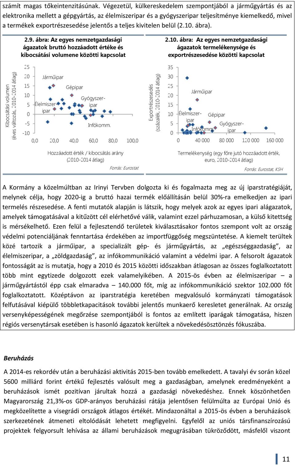 jelentős a teljes kivitelen belül (2.1. ábra). 2.9. ábra: Az egyes nemzetgazdasági ágazatok bruttó hozzáadott értéke és kibocsátási volumene közötti kapcsolat 2.1. ábra: Az egyes nemzetgazdasági ágazatok termelékenysége és exportrészesedése közötti kapcsolat 25 2 15 1 5-5 -1 Járműipar Gépipar Infókomm.