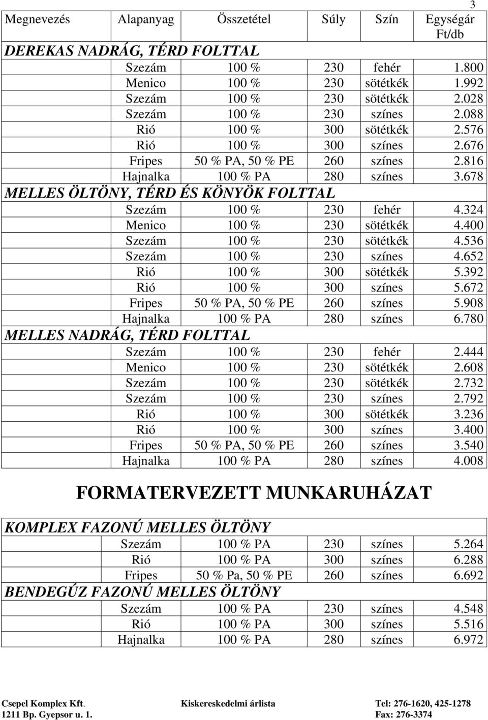 324 Menico 100 % 230 sötétkék 4.400 Szezám 100 % 230 sötétkék 4.536 Szezám 100 % 230 színes 4.652 Rió 100 % 300 sötétkék 5.392 Rió 100 % 300 színes 5.672 Fripes 50 % PA, 50 % PE 260 színes 5.