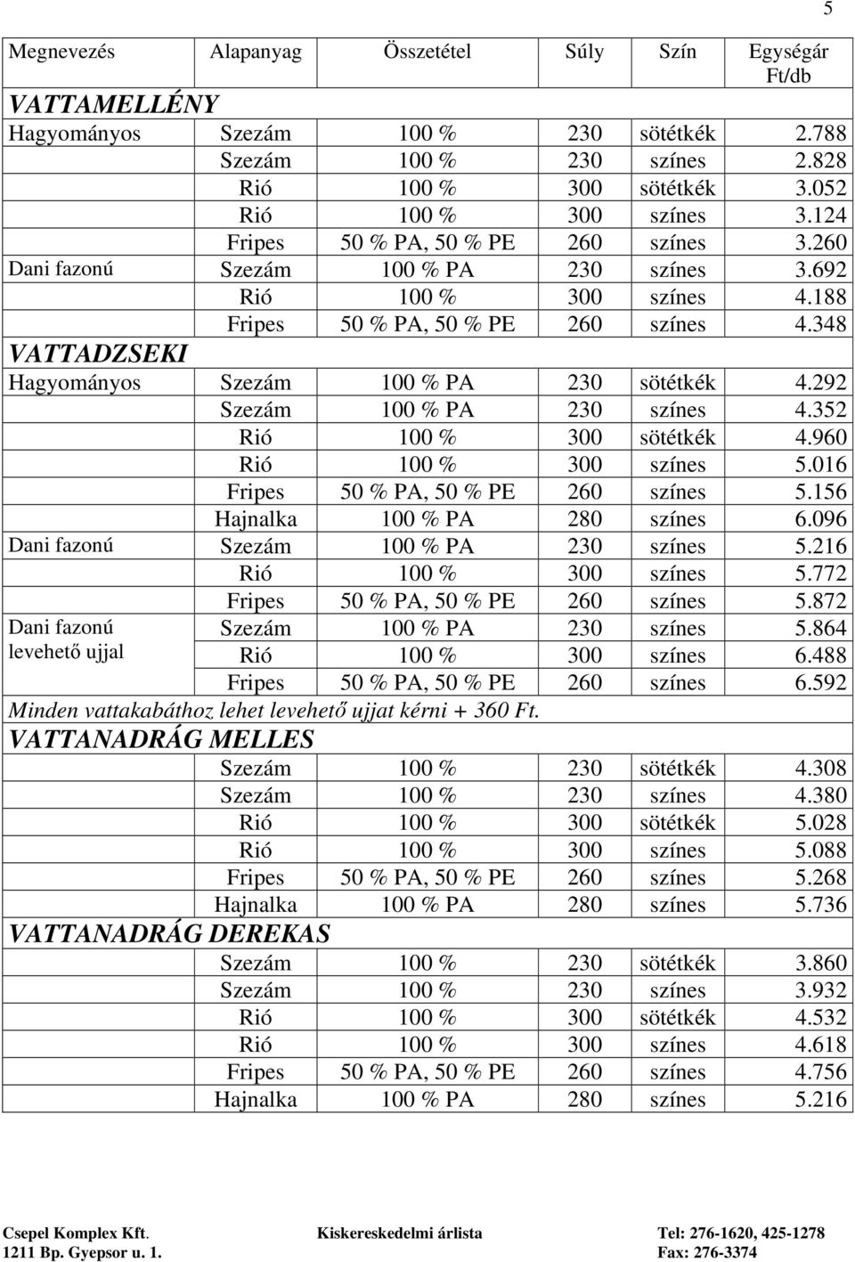 348 VATTADZSEKI Hagyományos Szezám 100 % PA 230 sötétkék 4.292 Szezám 100 % PA 230 színes 4.352 Rió 100 % 300 sötétkék 4.960 Rió 100 % 300 színes 5.016 Fripes 50 % PA, 50 % PE 260 színes 5.