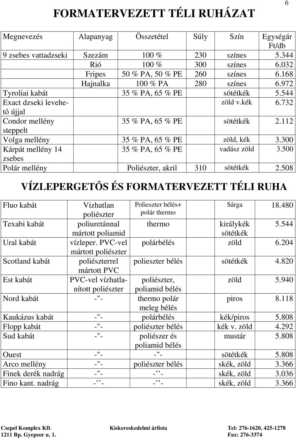 112 steppelt Volga mellény 35 % PA, 65 % PE zöld, kék 3.300 Kárpát mellény 14 35 % PA, 65 % PE vadász zöld 3.500 zsebes Polár mellény Poliészter, akril 310 sötétkék 2.