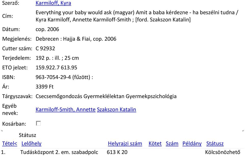 Szakszon Katalin] Megjelenés: Debrecen : Hajja & Fiai, cop. 2006 Cutter szám: C 92932 192 p. : ill. ; 25 cm ETO jelzet: 159.922.7 613.