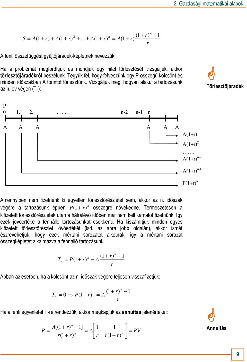 ..... -2-1 A A A A A A A(1+r) A(1+r) 2.. A(1+r) -2 A(1+r) -1 P(1+r) Ameyibe em fizeték ki egyetle törlesztırészletet sem, akkor az. idıszak végére a tartozásuk éppe P ( 1 összegre övekede.