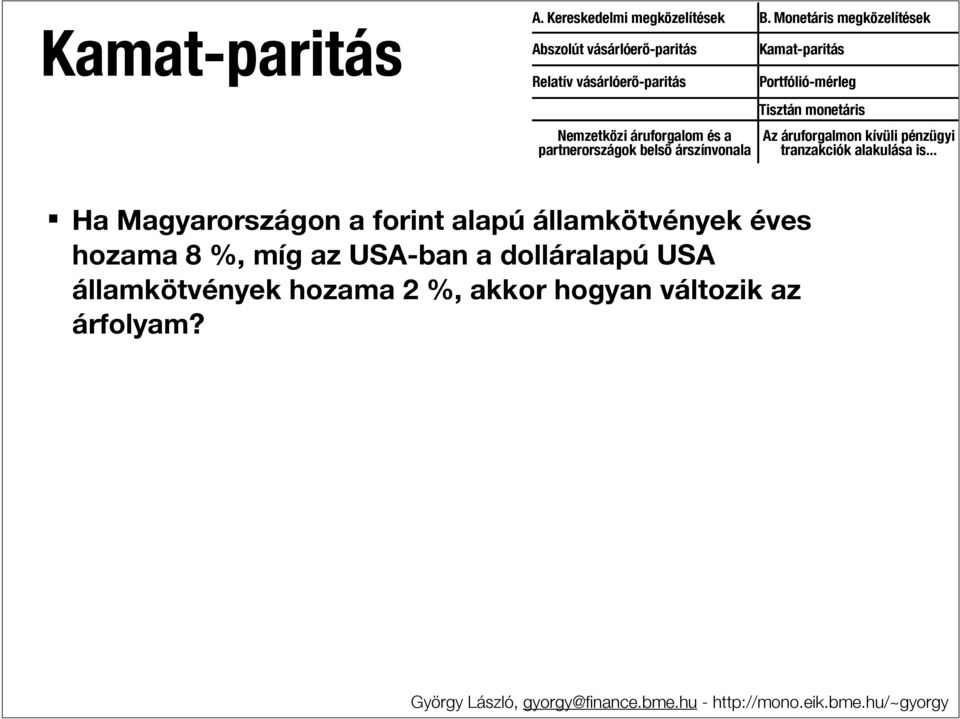 partnerországok belső árszínvonala Kamat-paritás Portfólió-mérleg Tisztán monetáris Az áruforgalmon kívüli