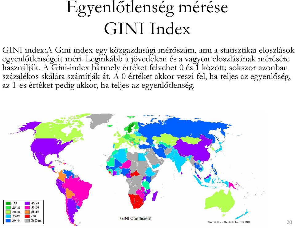 A Gini-index bármely értéket felvehet 0 és 1 között; sokszor azonban százalékos skálára számítják át.