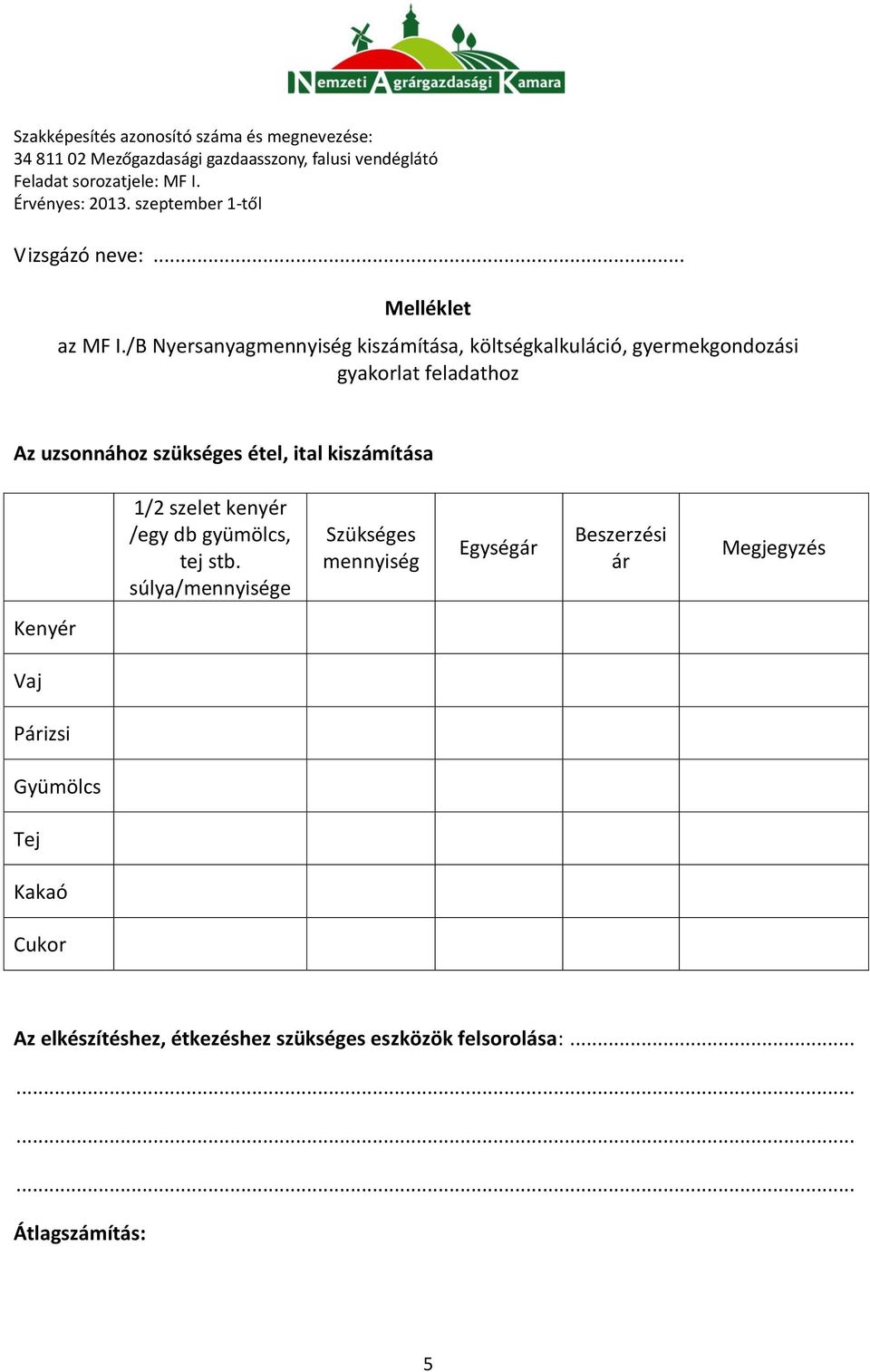 szükséges étel, ital kiszámítása 1/2 szelet kenyér /egy db gyümölcs, tej stb.