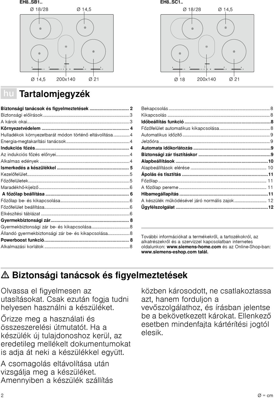 .. 5 Kezelőfelület...5 Főzőfelületek...5 Maradékhő-kijelző...6 A főzőlap beállítása... 6 Főzőlap be- és kikapcsolása...6 Főzőfelület beállítása...6 Elkészítési táblázat...6 Gyermekbiztonsági zár.