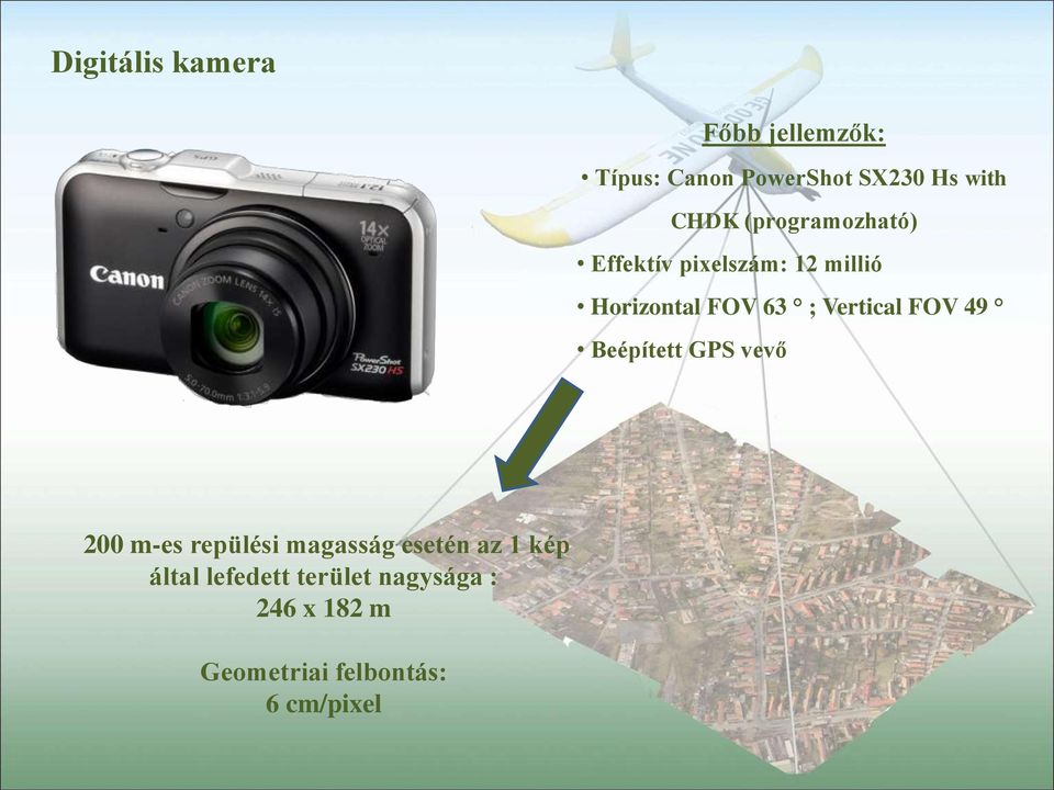 FOV 49 Beépített GPS vevő 200 m-es repülési magasság esetén az 1 kép által
