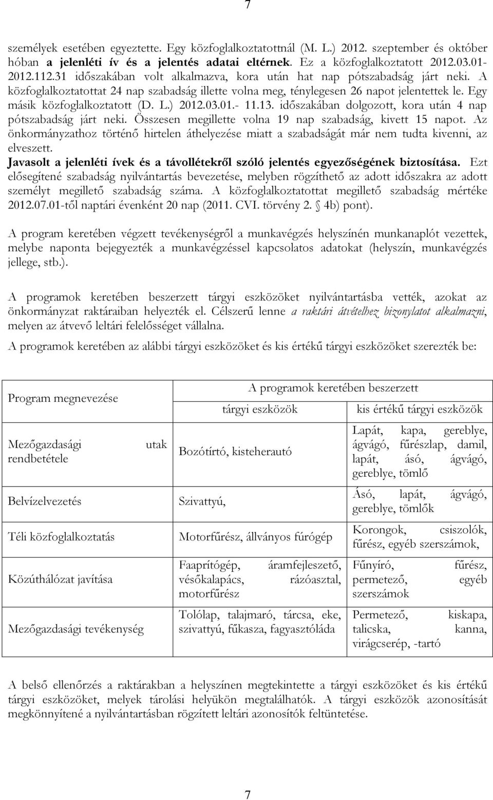 Egy másik közfoglalkoztatott (D. L.) 2012.03.01.- 11.13. időszakában dolgozott, kora után 4 nap pótszabadság járt neki. Összesen megillette volna 19 nap szabadság, kivett 15 napot.