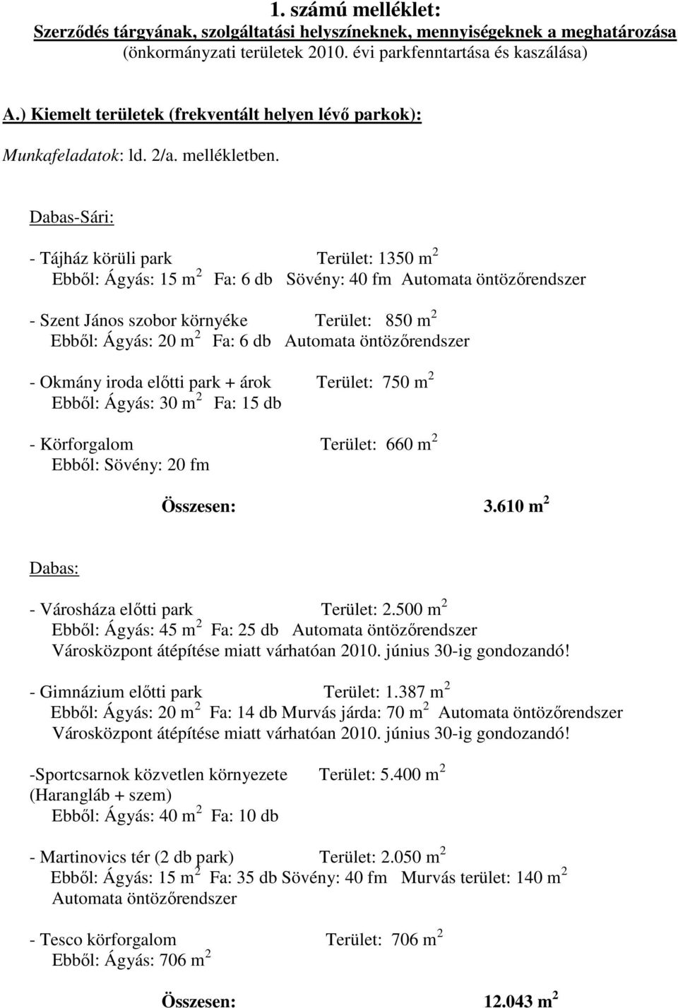 Dabas-Sári: - Tájház körüli park Terület: 1350 m 2 Ebből: Ágyás: 15 m 2 Fa: 6 db Sövény: 40 fm Automata öntözőrendszer - Szent János szobor környéke Terület: 850 m 2 Ebből: Ágyás: 20 m 2 Fa: 6 db