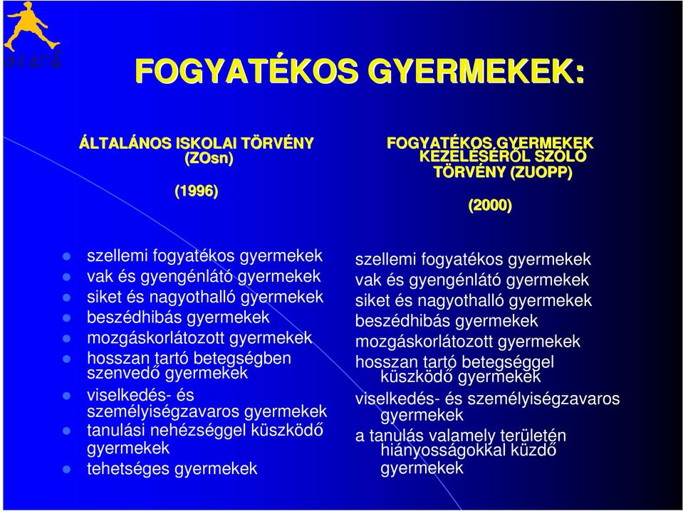 személyiségzavaros gyermekek tanulási nehézséggel küszködő gyermekek tehetséges gyermekek szellemi fogyatékos gyermekek vak és gyengénlátó gyermekek siket és nagyothalló