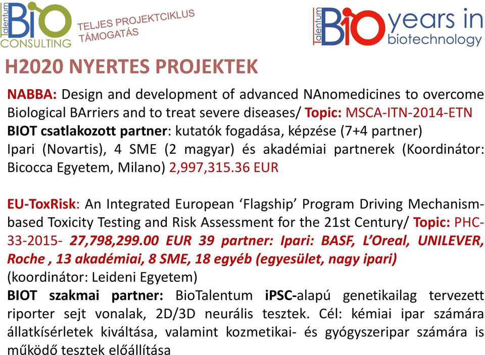 36 EUR EU-ToxRisk: An Integrated European Flagship Program Driving Mechanismbased Toxicity Testing and Risk Assessment for the 21st Century/ Topic: PHC- 33-2015- 27,798,299.