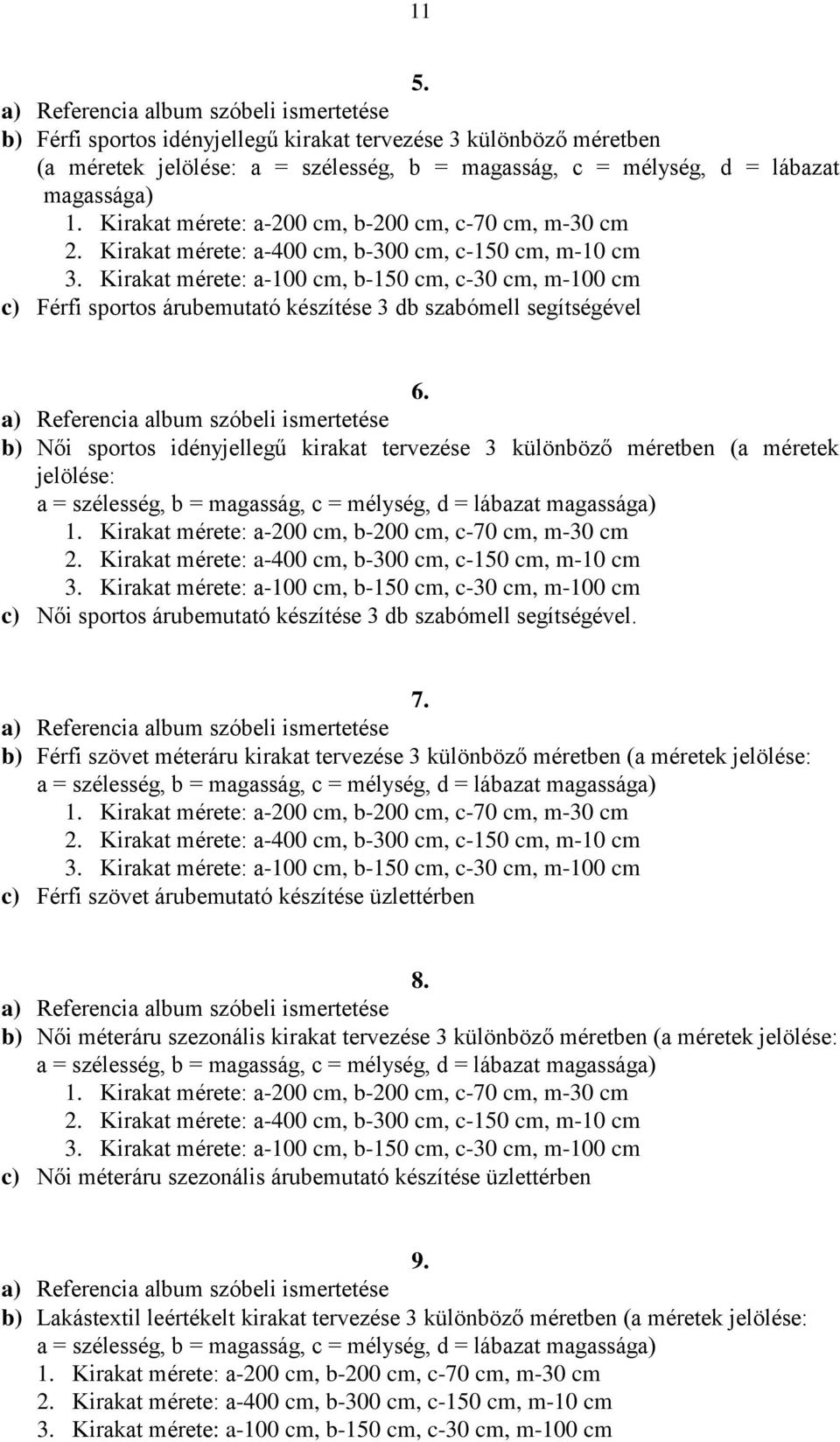 b) Női sportos idényjellegű kirakat tervezése 3 különböző méretben (a méretek jelölése: c) Női sportos árubemutató készítése 3 db szabómell segítségével. 7.