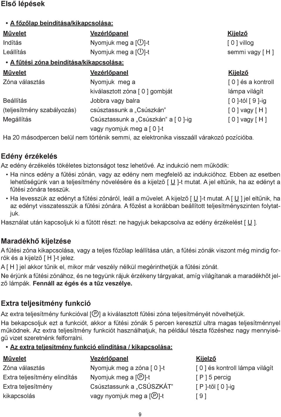 panel ] [ nothing 0 ] are semmi Display or blinking [ vagy H ] [ H ] A To fűtési stop To Start zóna start up beindítása/kikapcsolása: / switch off a heating press zone: press key [ key ] [ ] nothing