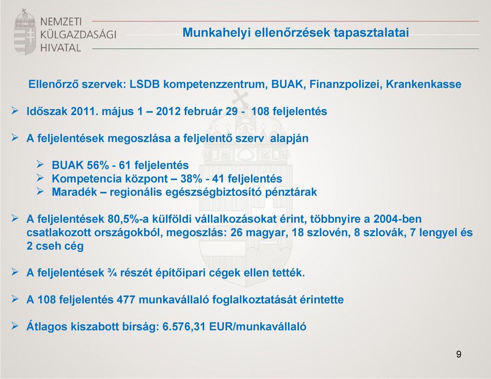 regionális egészségbiztosító pénztárak A feljelentések 80,5%-a külföldi vállalkozásokat érint, többnyire a 2004-ben csatlakozott országokból, megoszlás: 26 magyar, 18