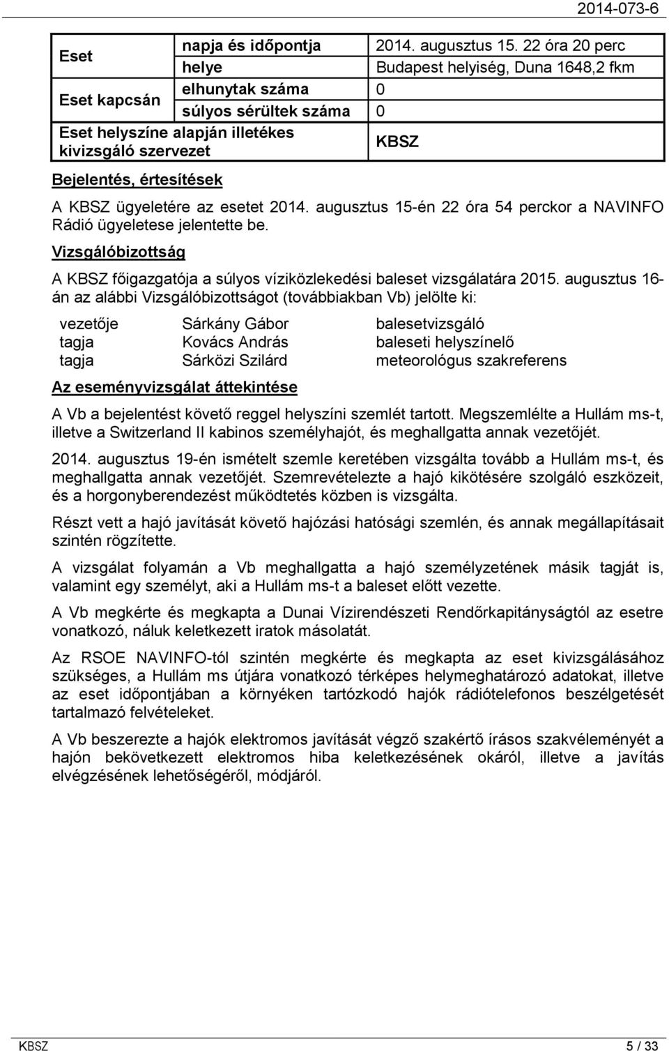 KBSZ ügyeletére az esetet 2014. augusztus 15-én 22 óra 54 perckor a NAVINFO Rádió ügyeletese jelentette be. Vizsgálóbizottság A KBSZ főigazgatója a súlyos víziközlekedési baleset vizsgálatára 2015.