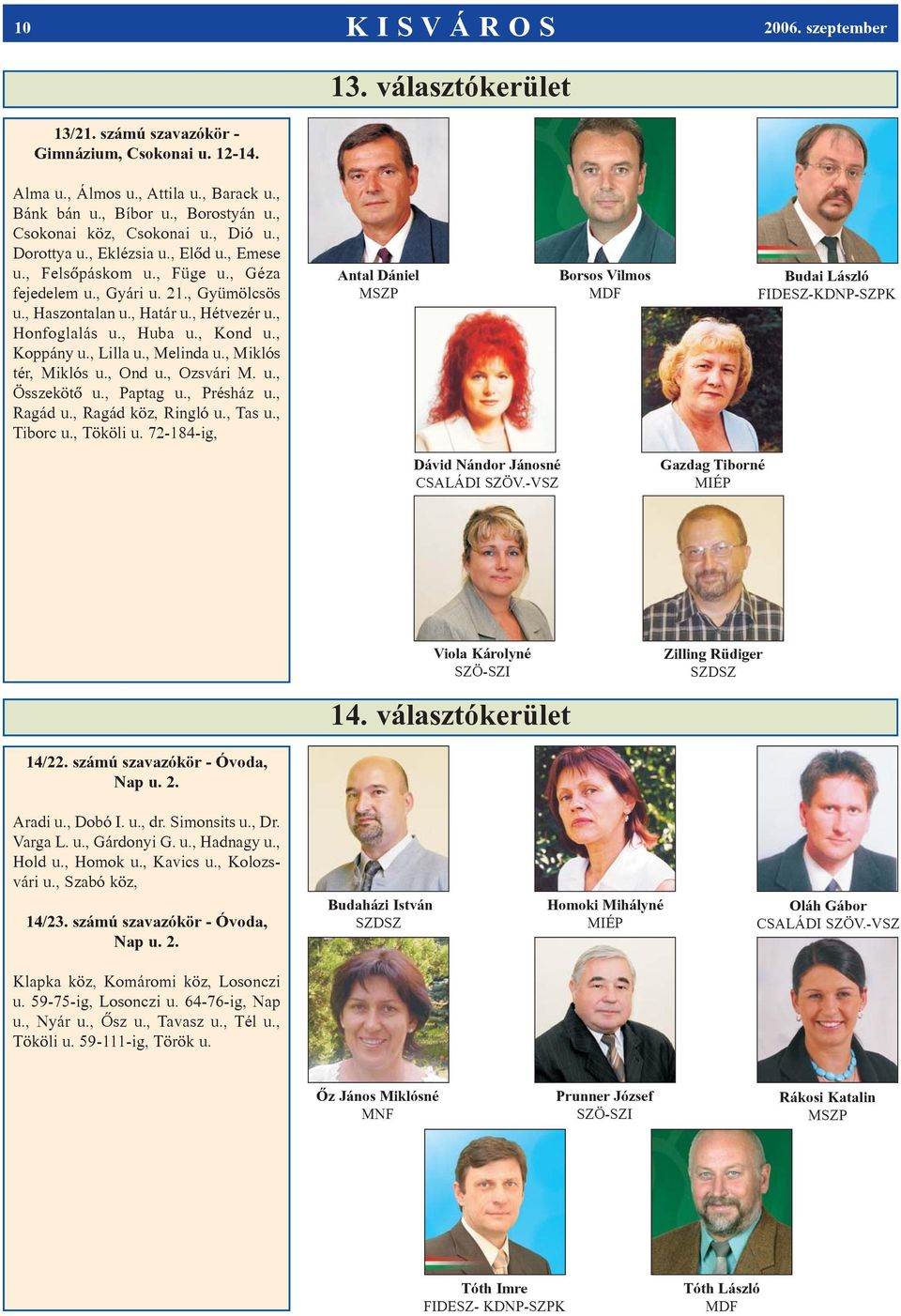 , Honfoglalás u., Huba u., Kond u., Koppány u., Lilla u., Melinda u., Miklós tér, Miklós u., Ond u., Ozsvári M. u., Összekötô u., Paptag u., Présház u., Ragád u., Ragád köz, Ringló u., Tas u.
