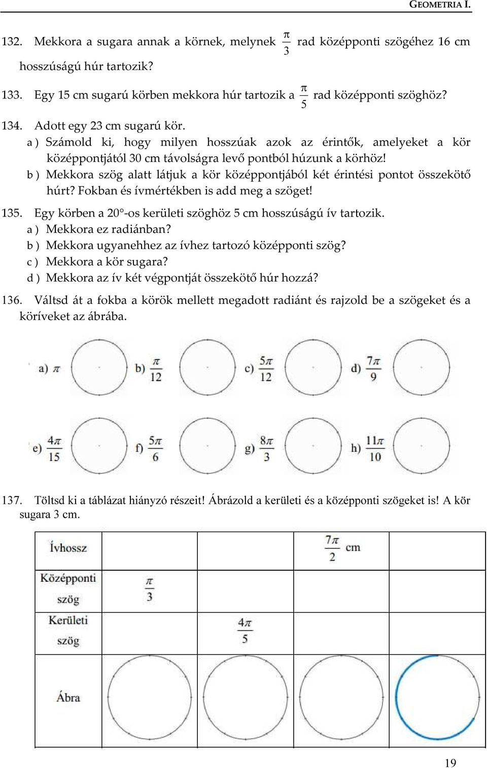 b ) Mekkora szög alatt látjuk a kör középpontjából két érintési pontot összekötő húrt? Fokban és ívmértékben is add meg a szöget! 135. Egy körben a 20 -os kerületi szöghöz 5 cm hosszúságú ív tartozik.