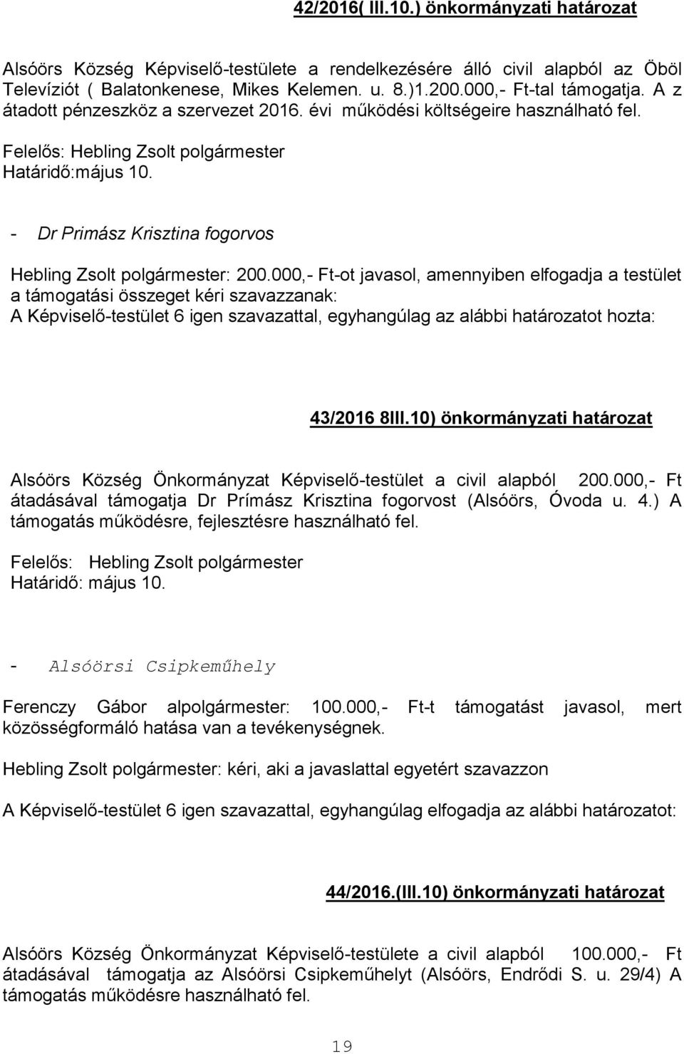- Dr Primász Krisztina fogorvos Hebling Zsolt polgármester: 200.