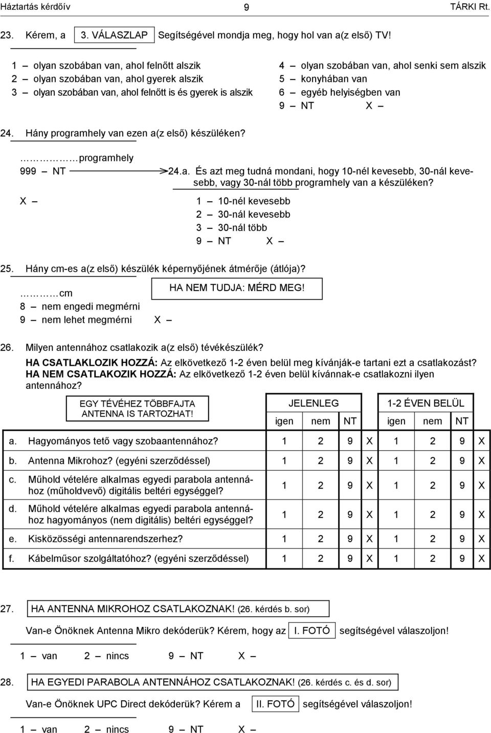 van 6 egyéb helyiségben van 9 NT 24. Hány programhely van ezen a(z első) készüléken? programhely 999 NT 24.a. És azt meg tudná mondani, hogy 10-nél kevesebb, 30-nál kevesebb, vagy 30-nál több programhely van a készüléken?