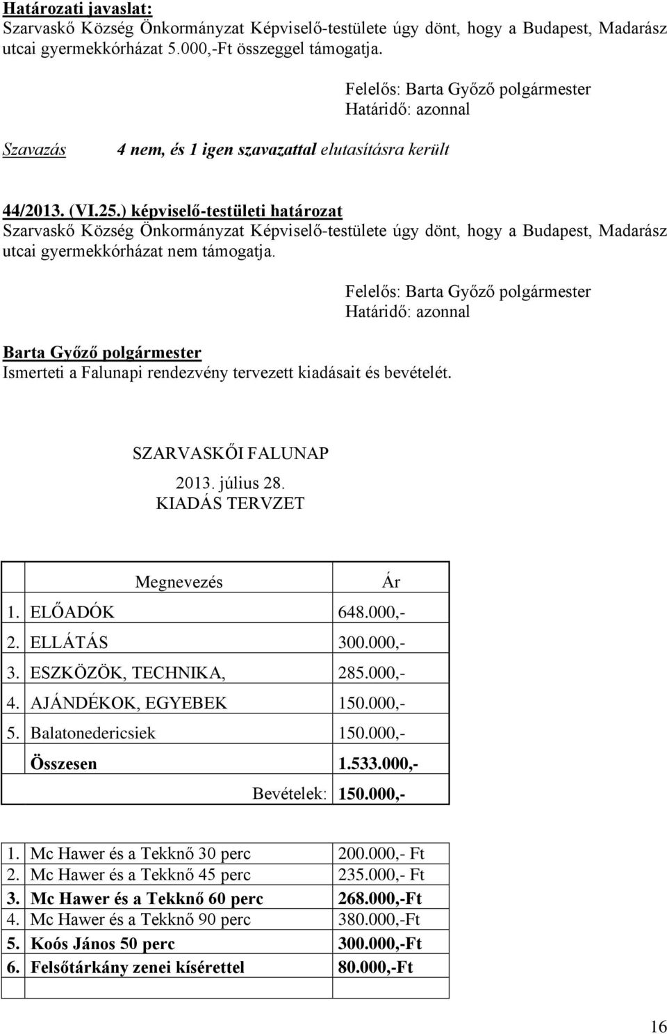 ) képviselő-testületi határozat Szarvaskő Község Önkormányzat Képviselő-testülete úgy dönt, hogy a Budapest, Madarász utcai gyermekkórházat nem támogatja.